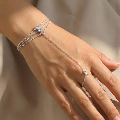 925 Sterling Silver Hand Chain Bracelet for Women,Non Tarnish 14k Gold Plated CZ Crystal Heart Starburst Ring Bracelets Hand Chain Dainty Diamond Layered Stackable Link Chain Beach Waterproof Graduation Wedding Gifts - color: Silver