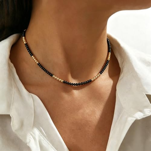 Tgirls Boho Choker Necklace Chain Rice Beaded Necklaces Seed Bead Necklace Accessory for Women - color: Black Gold