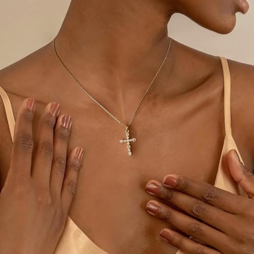 14K Gold Plated Cross Pendant Necklaces for Women Trendy, Dainty Choker CZ Cross Necklace Non Tarnish,Simple Tiny Cross Necklace for Jewelry Gifts - style: Bubble Gold
