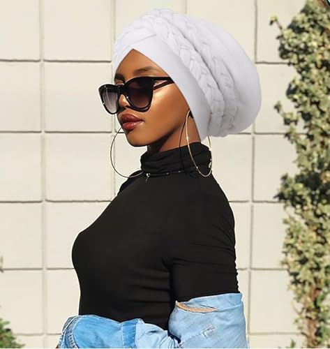 African Women Turban Caps Beanie Pre-Tied Twisted Braids Headwraps for Women Head Scarf Chemo Cancer Headwear Cap - color: 3 Pack Twisted Braid: White/Brown/Black