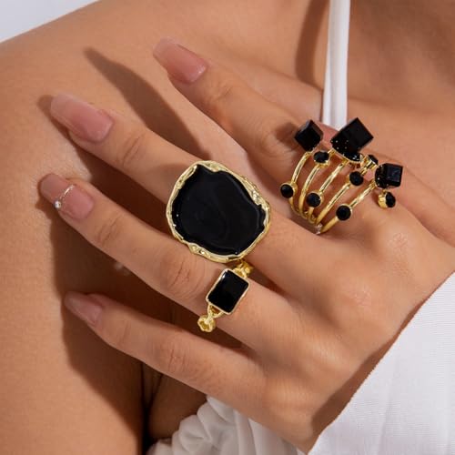 Chunky Black Crystal Statement Rings for Women Gold Large Enamel Round Finger Ring Vintage Cocktail Party Formal Prom Festival Birthday Jewelry - color: Gold