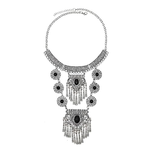 Bethynas Bohemian Ethnic Tribal Chunky Necklace Multilayer Long Tassel Turquoise Statement Neck Chain Retro Coin Gemstone Exaggerated Costume Accessories for Women - color: C-Black