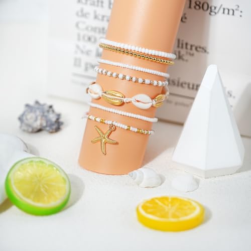 Handmade Summer Turtle Starfish Bracelets Bohemian Beaded Seashell Bracelets Set Adjustable Waterproof Summer Beach Surfer Bracelets Summer Vacation Jewelry Bahamas Souvenirs - color: Gold