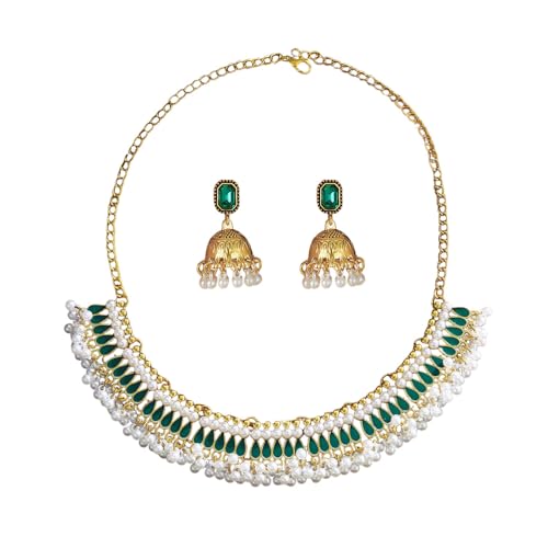 Bohemian Jhumka Earring Necklace Set for Women Bride Wedding Bollywood Crystal Pearl Beaded Antique Gold-Tone Indian Bell Jhumki Dangle Earrings Choker Necklace Ethnic Festive Party Wear Jewelry - color: Green