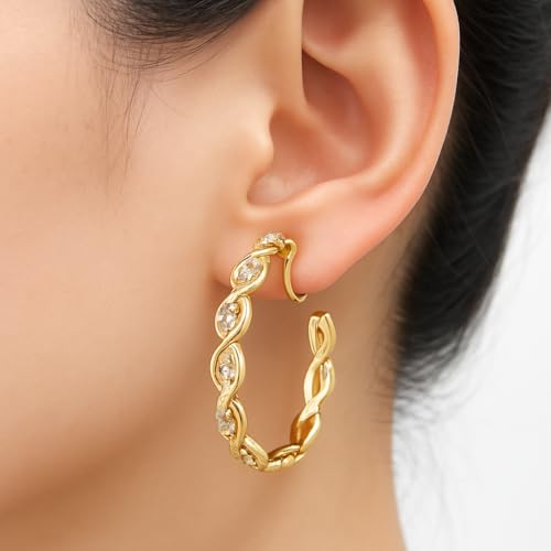 Clip On Hoop Earrings for Women,Cubic Zirconia CZ Gold Silver Plated Twisted Drop Clip On Earings for Non Pierced Ears Lightweight Jewelry Gifts - color: Gold