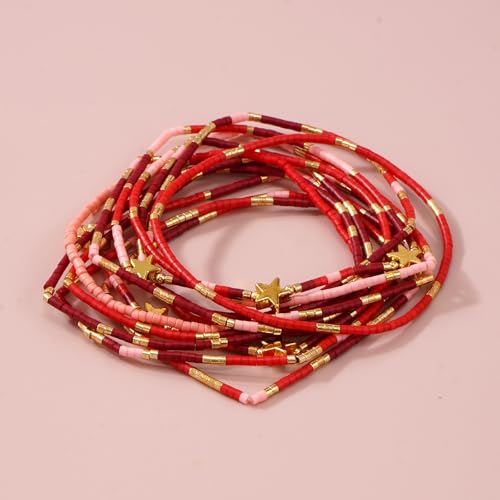 Dainty Gold Beaded Star Bracelets Stack for Women,Handmade Boho Colorful Beads Bracelet Fashion Prom Holiday Jewelry Gift Friendship Family - color: Red