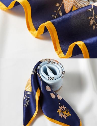 100% Mulberry Silk Neck Scarf 21''x21'' Small Square Hair Scarf for Women Men Lightweight Bandana Envelope Package - color: Shell Flower- Blue