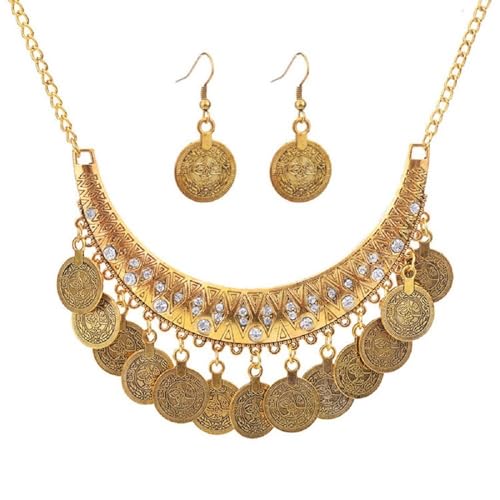 KZL 3PC Gypsy Jewelry Set Bohemian Coin Necklace Bracelet Earrings for Women Vintage African Indian Costume Festival Party Accessories - color: Rose Red