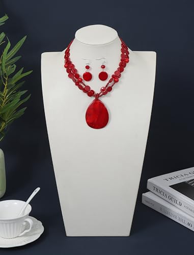 Big Teardrop Pendant Necklaces for Women Colorful Beaded Necklaces Statement Set for Holiday. - color: Red