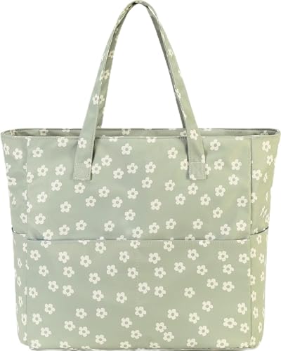 Bluboon Waterproof Beach Tote Pool Bags for Women Ladies Extra Large Carry On Bag With Wet Compartment for Weekender Travel - color: Beige Flower Green