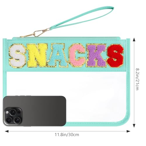 Clear Snack Bag for Travel, Chenille Letter Clear Zipper Snacks Pouch Nylon Cosmetic Bag Makeup Travel Bag for Women - color: Green