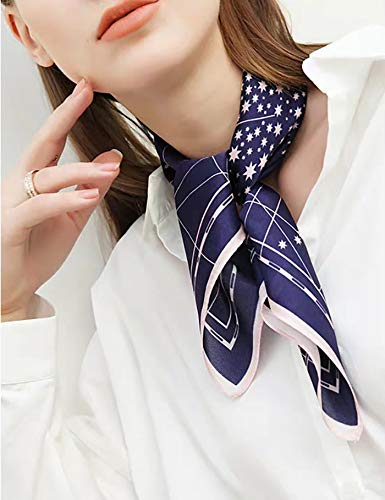 ANDANTINO 100% Mulberry Silk Scarf -21” Square Neckerchief with Gift Packed - color: Navy&pink Star