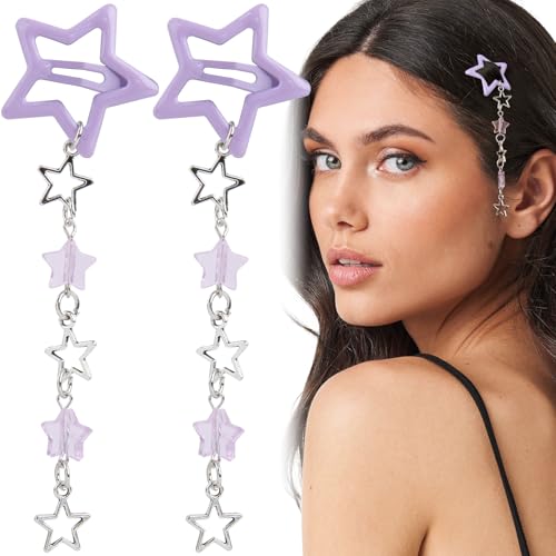 Pndeyo 2pcs Star Tassels Hair Clips for Women, Non-Slip 2000s Y2k Snap Barrettes, Cute Star Beaded Pendant Pin Accessories for Braid Long Short Thin Thick Hair - Purple - color: Purple-A Style