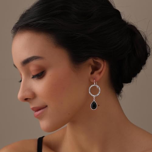 LeCalla 925 Sterling Silver Drop & Dangle Earrings for Women | Handmade Hammered Textured Drop Dangle Earring Jewelry | Women's Hammered Earrings Jewelry for Gift Mom Wife - color: Open Circle Black Onyx