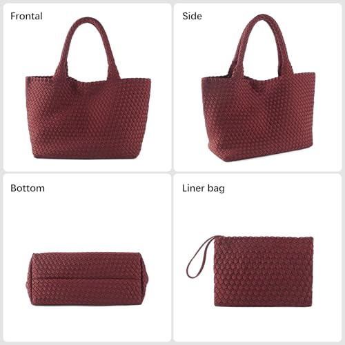 Woven Bag for Women, Large Neoprene Tote Bag Summer Beach Handbag Purse Retro Handmade Travel Shoulder Bag Set - color: Claret