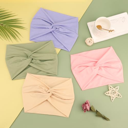 AQOKKA Extra Wide Headbands for Women Large Turban Headband Non Slip Boho Elastic Hairband Hair Twisted Knot Head Bands Accessories - color: 4 Pcs Solid: Light Purple, Pink, Grass Green, Khaki
