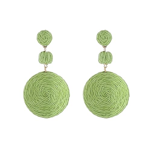 Boho Raffia Ball Earrings for Women, Handmade Statement Drop Earrings Straw Dangle Earrings Beach Vacation Jewelry - color: Lemon Green