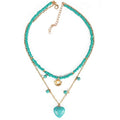 Pingyongchang Boho Layered Western Turquoise Necklaces for Women Vintage Stone Beaded Chokers Butterfly Catus Chain Country Concert Cowgirl Cowboy Jewelry Holiday Gifts - style: E Heart