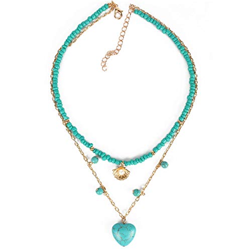 Pingyongchang Boho Layered Western Turquoise Necklaces for Women Vintage Stone Beaded Chokers Butterfly Catus Chain Country Concert Cowgirl Cowboy Jewelry Holiday Gifts - style: E Heart