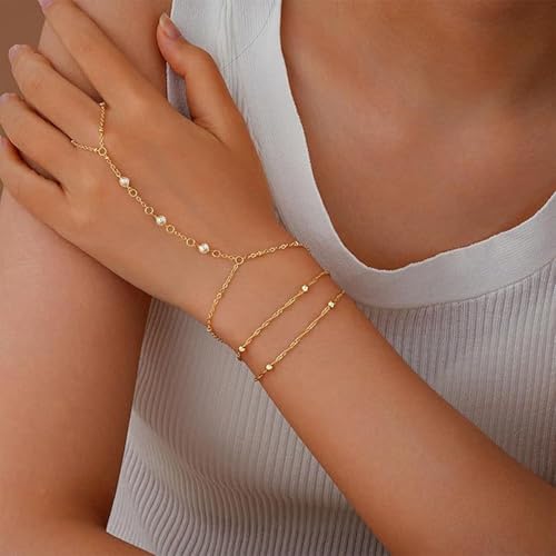 Hand Chain Gold Bracelets for Women Trendy Finger Ring Slave Bracelet Dainty Chain Hand Jewelry Trendy Gifts - color: E2:gold hand chain