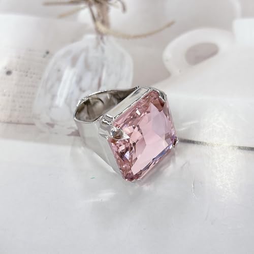 Square Large Rhinestone Exaggerated Statement Ring for Women Sparkling Thick Chunky Geometric Big Crystal Stone Finger Knuckle Band Rings Open Adjustable Wedding Brides Cocktail Prom Party Jewelry - color: Pink