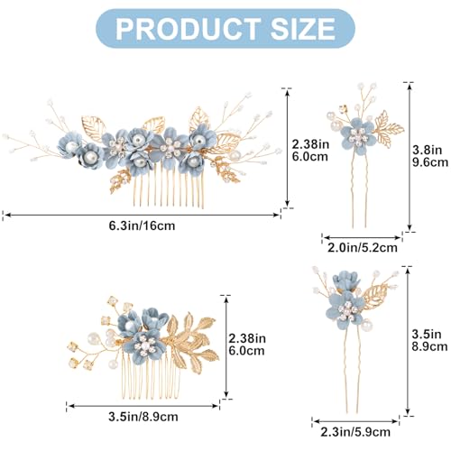 HINZIC 4pcs Camellia Flower Tassels Hairpin, Crystal Pearl Hair Comb, Blue | Non-Slip, 4 Styles, Alloy Made, Adorned with Rhinestones and Pearl, for Wedding, Brides, Parties, for Long Hair - color: Blue-4pcs