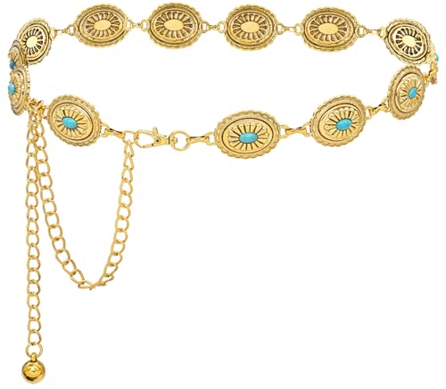 Women Western Chain Belt Adjustable Turquoise Metal Waist Chain Boho Chain Link Belt for Jeans or Dresses - color: Turquoise Gold, size: S: 41.3 in/105 cm