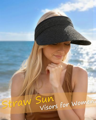 Senker Fashion Sun Hats Visor for Women, Straw Beach Hat Adjustable Wide Brim Ponytail Packable for Summer Travel UPF 50+ - color: Black