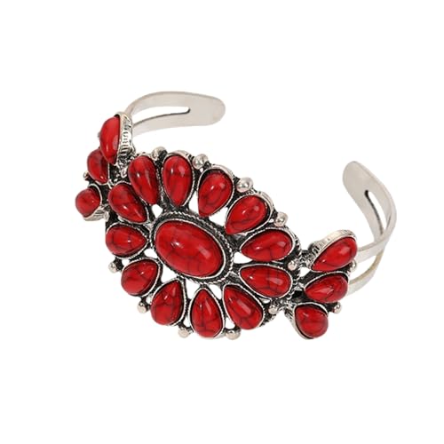 Vintage Ethnic Bohemia Turquoise Flower Colorful Stone Engraved Chunky Wrap Bangle Bracelet Retro Boho Cowgirl Western Statement Wide Open Cuff Punk Jewelry for Women - color: red