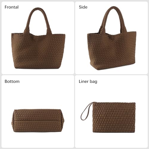 Woven Bag for Women, Large Neoprene Tote Bag Summer Beach Handbag Purse Retro Handmade Travel Shoulder Bag Set - color: Coffee