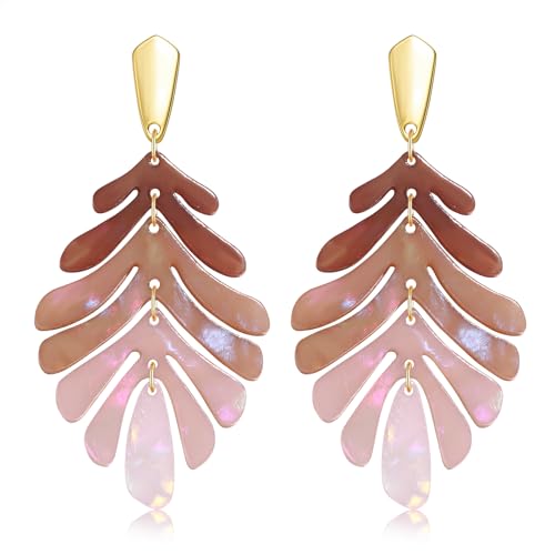 ARATLENCH Acrylic Pendant necklace Earrings – Long Statement Leaf Charm Necklace Tortoise Resin Palm Leaf Earrings Fashion Necklaces Earrings for Women - color: brown
