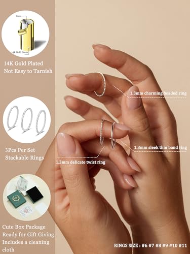Gold Silver Rings for Women Non Tarnish Stackable 1.3mm Thin Gold Ring 14K Gold Plated Dainty Ring Set Trendy Thumb Pinky Ring Wedding Bands Promise Engagement Gold Jewelry Gifts Size 6-11 - color: silver rings