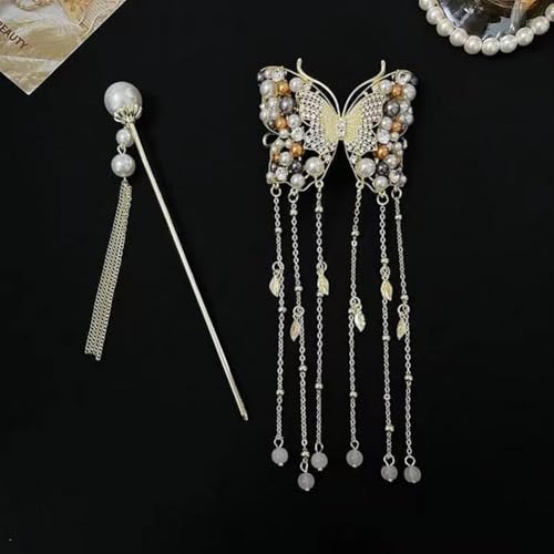 1 Piece Pearl Butterfly Hair Stick Vintage Tassel Hair Bun Holder Rhinestone Pearl Butterfly Hair Fork Hairpin Metal Ponytail Holder Hair Accessory for Women and Girls