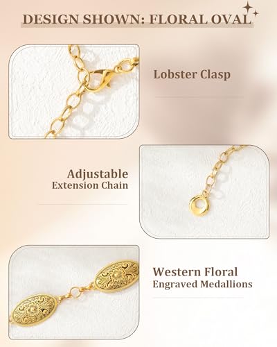 AWAYTR Chain Belt for Women – Adjustable Boho Metal Waist Chain Belt Gold Sliver for Dresses Jeans Country Concert Outfit - color: Gold-floral Oval