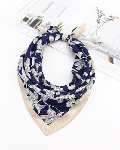ANDANTINO 100% Mulberry Silk Scarf -21” Square Neckerchief with Gift Packed - color: Leaves-navy Blue