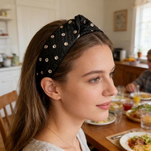 BVGA Rhinestone Rattan Headband Straw Headbands Fashion Rattan Wide Head Band Boho Headbands Summer Bohemian Woven Headwear Hair Head Knot Headband for Woman Girl Hair Accessories(black)