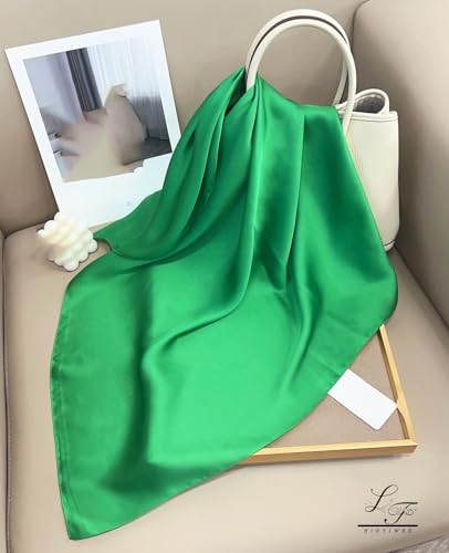 Hioyiwse Satin Square Scarf for Women Solid Color Emulation Silk Handkerchief Hair Ribbon Headband Handbag Purse - color: D4-green(23.6*23.6inch)
