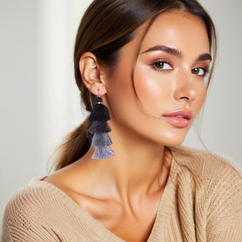 Clip on Earrings, Lightweight Colorful Layered Tassel Bohemian Statement Tiered Big Dangle Drop Earrings for Women, Non Pierced, Boho Jewelry - color: Black
