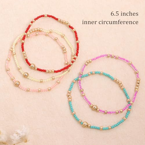 Gold Beaded Stackable Friendship Bracelets Set for Women, Handmade Boho Stretch Summer Jewelry Gift. - color: gold orange green red fuchsia yellow