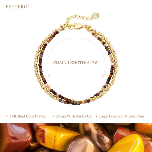 Fettero Beaded Bracelets for Women Charm Natural Stone Handmade Beads White Gold Plated Dainty Gold Bracelets Non Tarnish Boho Summer Beach Vacation Jewelry - color: Brown -Round
