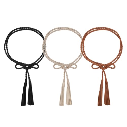 TeeYee Waist Belt Woven Knitted Rope/Chain PU leather 3 Pieces Tassel Rope Skinny Belt - color: 100blackkhakicoffee