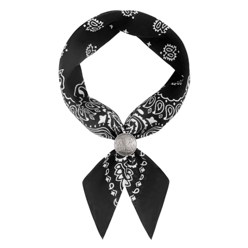 Western Bandana Scarf With Vintage Coin Buckle, Paisley Pattern Neck Scarf for Men Pocket Square Cowboy Scarves - color: Black