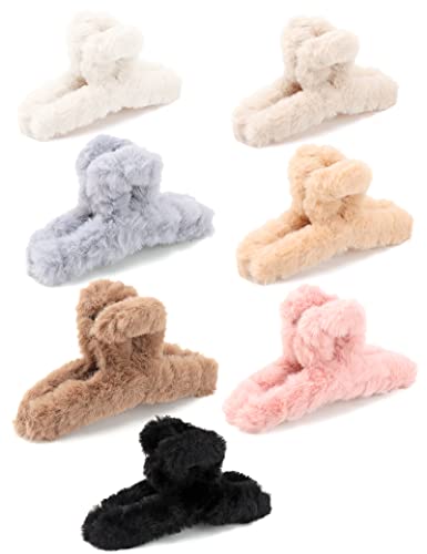 SEVEN LUCKY LIGHT Hair Clip, 7 Pcs 4.5" Fuzzy Claw Clips for Thick Hair, Cute Fuzzy Clip for Women Girls, Soft Hair Clips | 7 Neutral Colors for Kitchen, Makeup, Work, GYM or at Home, Outdoor, in Morning, Daytime or Nighttime, Women & Girls Favorite