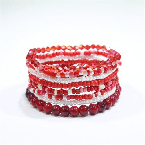 Boho Stackable Rice Beaded Bracelet Set for Women 8-10Pcs Colorful Handmade Multilayered Crystal Beads Bracelets Summer Beach Bohemian Jewelry Gift - color: B Red