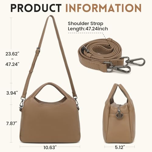 KOGTLA Medium Genuine Leather Purses for Women with Detachable Satchel Strap, Ladies Soft Handbags, Tote Hobo Bags - color: Khaki