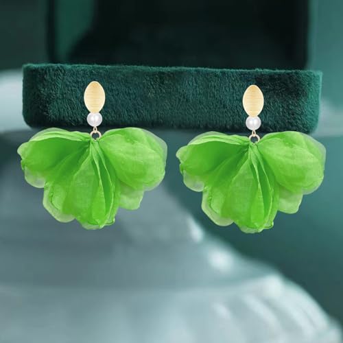 Handmade Fabric Flower Petal Fringe Dangle Drop Earrings Bohemian Floral Tassel Stud Earrings For Women - color: Green