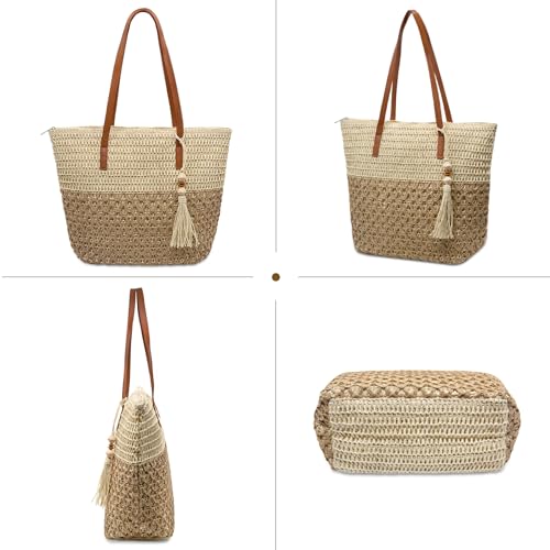 YAMEIZE Straw Woven Beach Shoulder Bags for Women Big Foldable Straw Tote bag Lightweight Raffia Bag with Zipper Summer - color: Multicolor