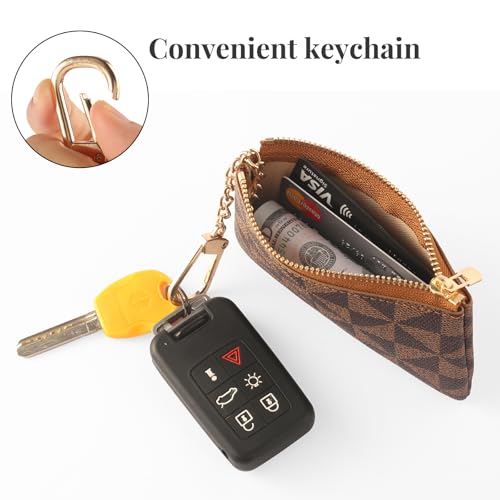 Leather Coin Purse for Women with KeyChain Small Zipper Change Purse coin Pouch Card Holder Wallet Clutch for Women & Men (Brown) - color: Brown