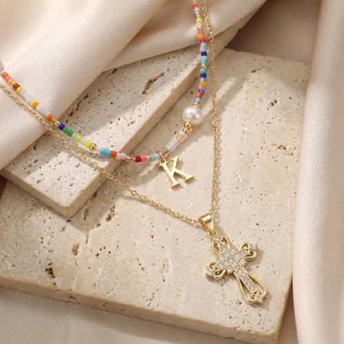Colorful Pearl Beaded Initial Choker Necklaces for Women, Boho Handmade Personalized Seed Beads Letter Name Necklace Beach Surfer Bohemian Jewelry Gift - color: Cross K