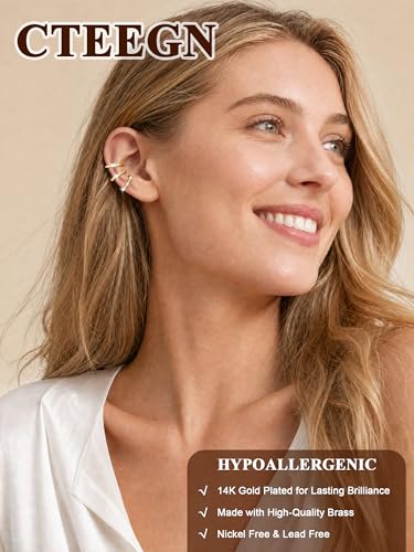 14K Gold/Silver Plated Ear Cuffs Set Dainty Clip Piercing Stack Small Cartilage Hoop Huggie Trendy Tarnish Hypoallergenic Jewelry Gift - style: gold style 14